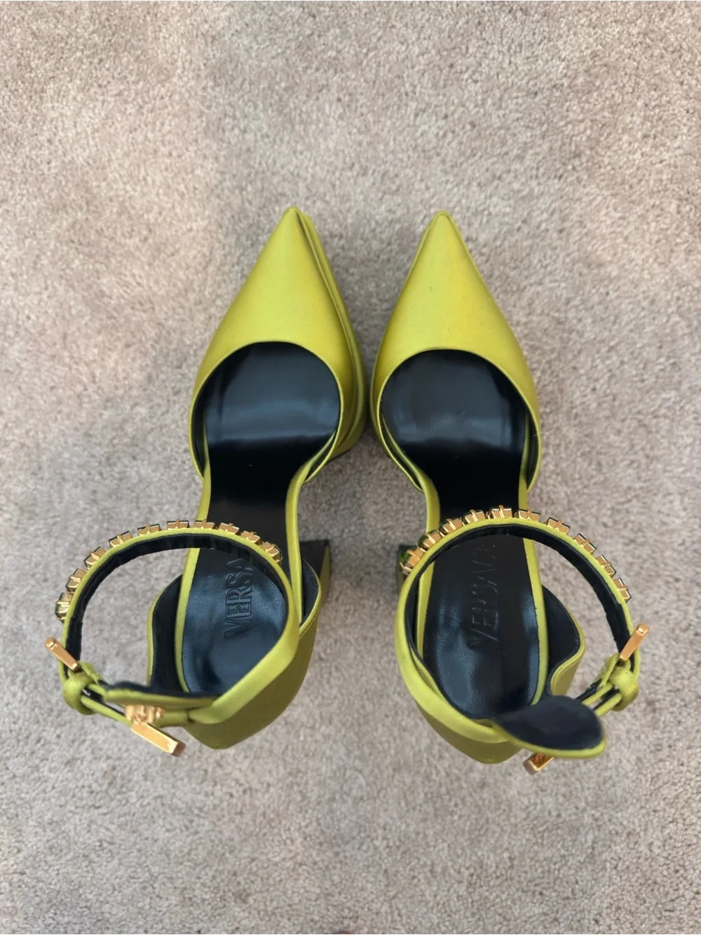 Versace Olive Green Platform Ankle-Strap Pumps with Embellished Buckle